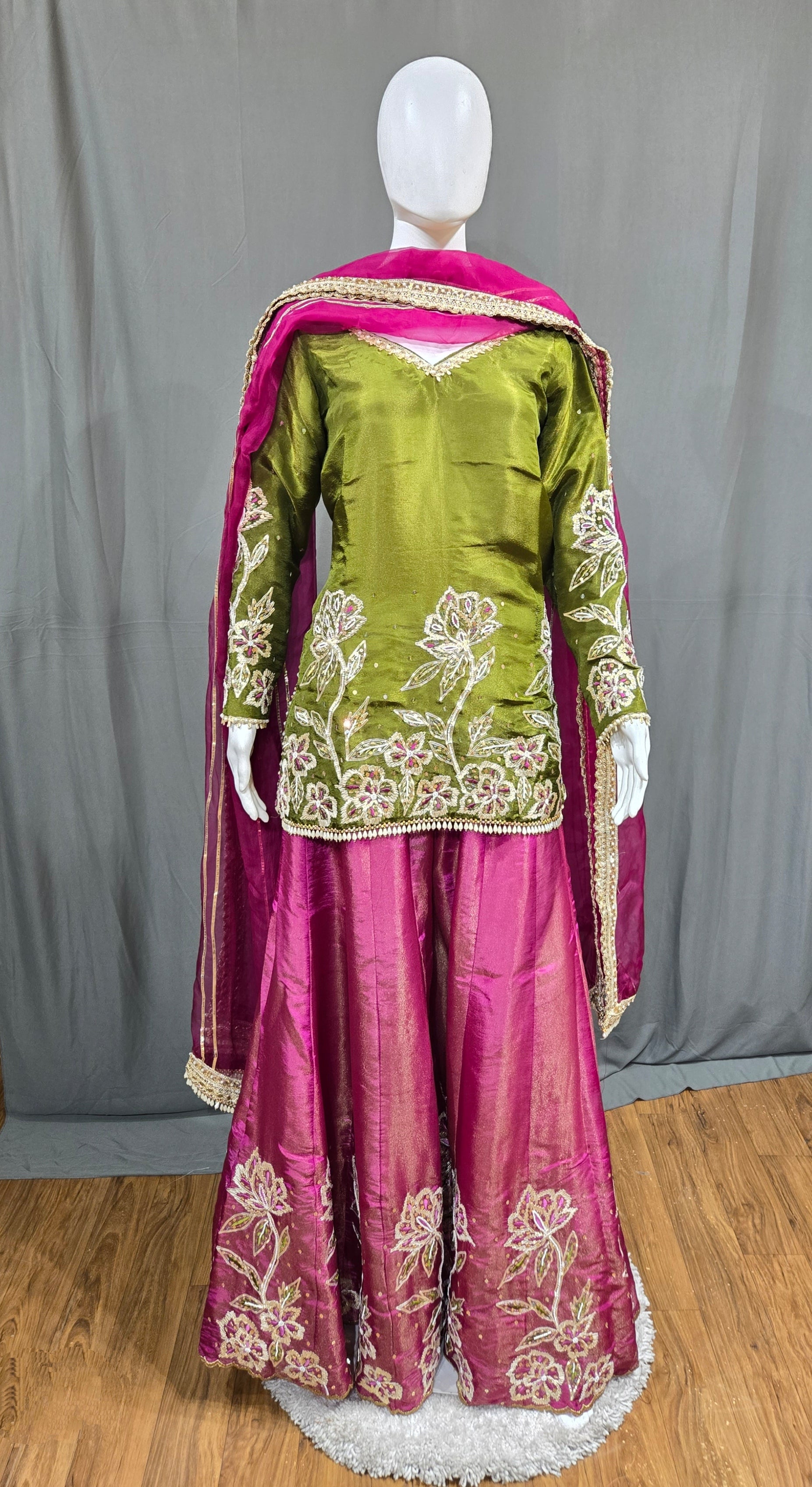 Mehndi Green and Magenta Sharara Suit With Magenta Dupatta-1763 Aman Sandhu Boutique Mehndi Green and Magenta Sharara Suit With Magenta Dupatta-1763 Aman Sandhu Boutique