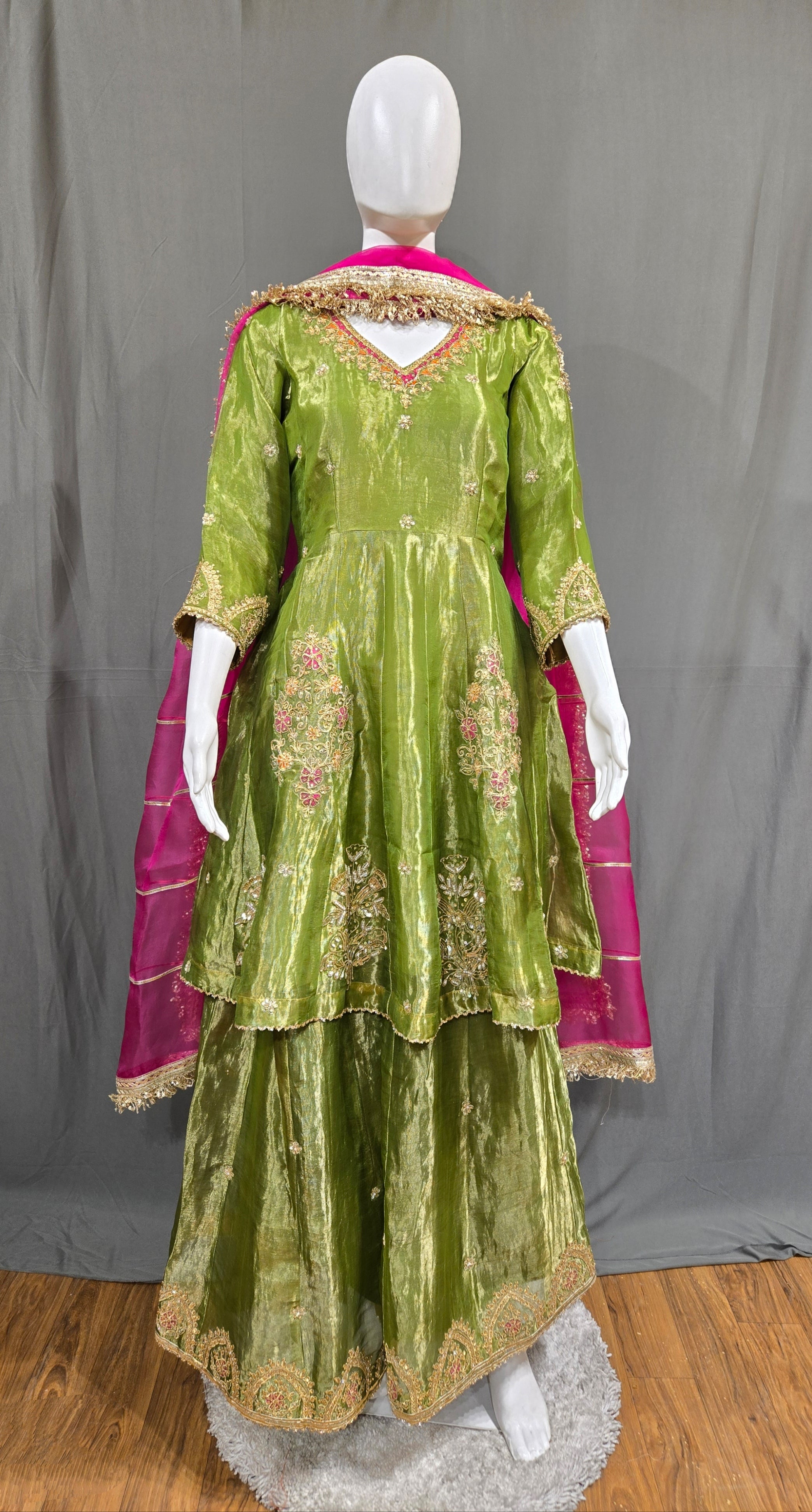 pink and green mehndi dress Green Pishwas Frock Sharara Pakistani Bridal Dress for Mehndi MEDIUM
