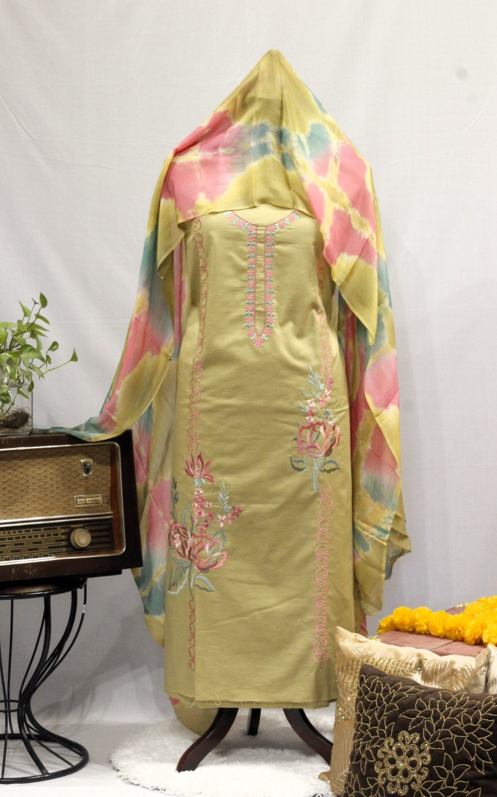 Beige Full Suit With Chanderi Kota Tie Dye Dupatta-1633
