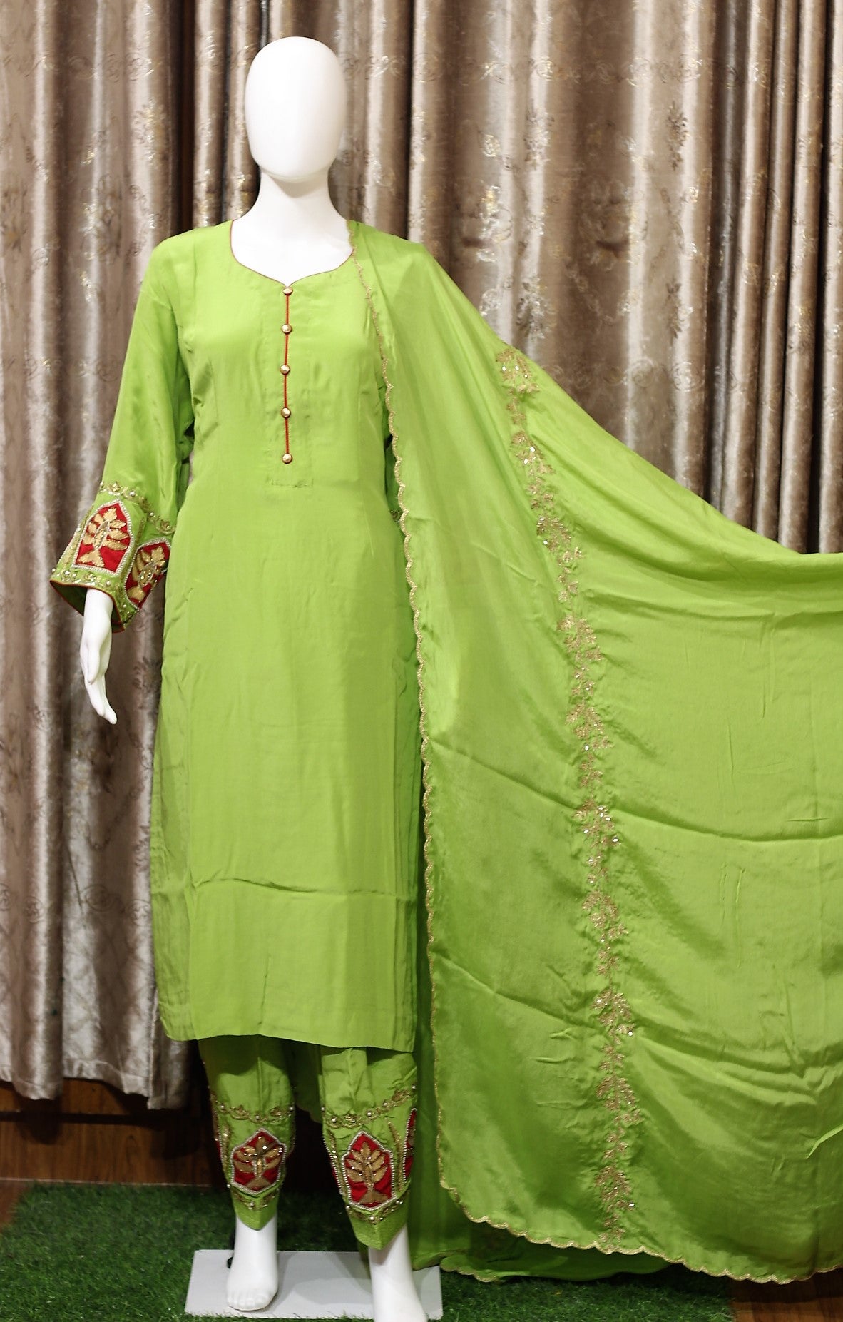 Parrot Green Full Suit With Same Colour Dupatta - Aman Sandhu Boutique Parrot Green Full Suit With Same Colour Dupatta - Aman Sandhu Boutique