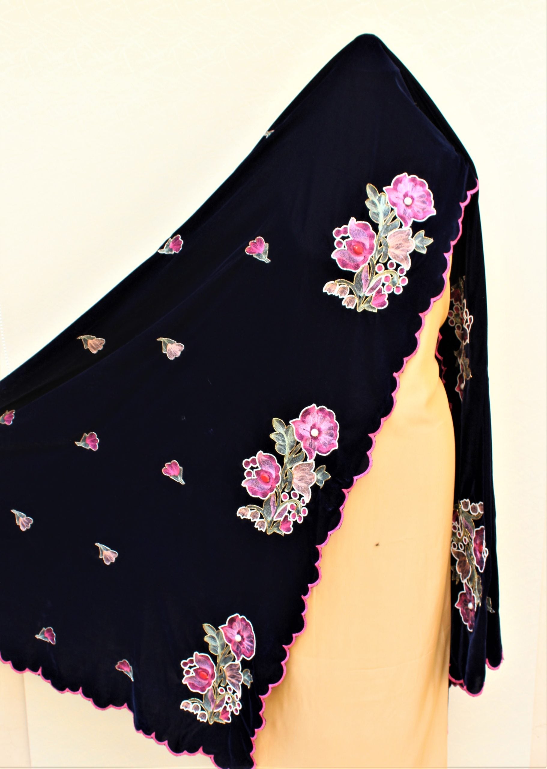 Navy Blue Machine and Hand Work Velvet Shawl - Main Image