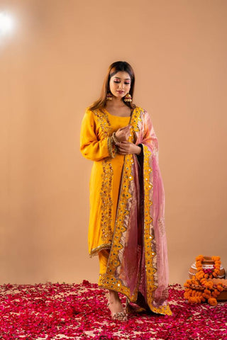 Yellow Full Suit With Onion Pink Tissue Organza Dupatta-1374