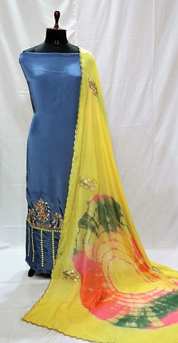 Blueish Greay Full Suit With Tie Dye Dupatta-1435