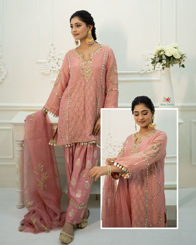Gajari Peach Full Suit With Organza Dupatta-1793