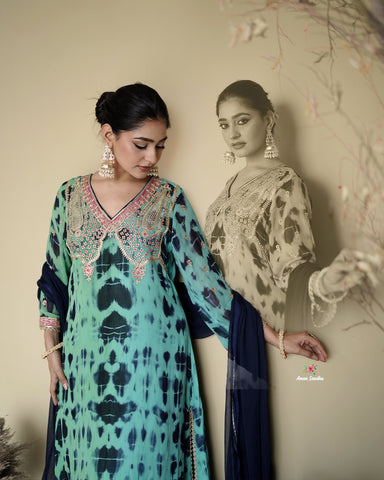 Blue Tie Dye Full Suit With Single Dupatta-1794