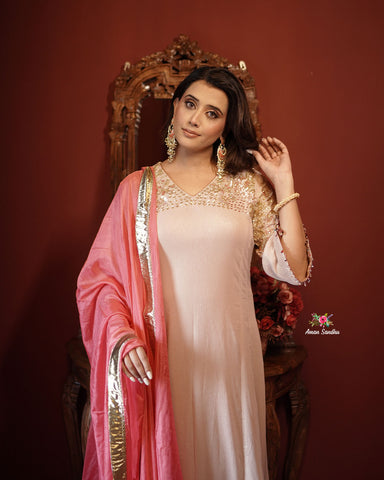 Rose Gold Full Suit With Neon Pink Dupatta-1795
