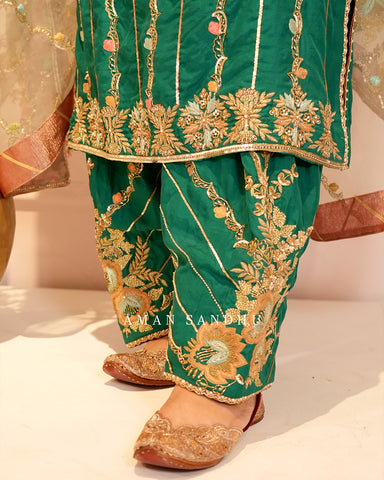 Bottle Green Full Suit With Sea Green Dupatta-1796