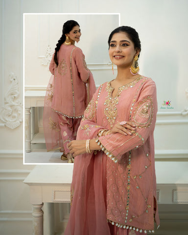 Gajari Peach Full Suit With Organza Dupatta-1793