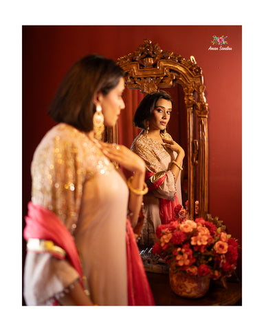Rose Gold Full Suit With Neon Pink Dupatta-1795