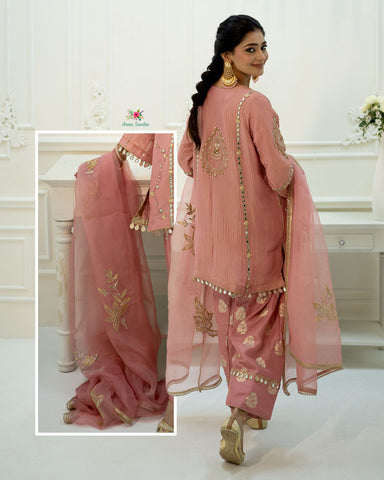 Gajari Peach Full Suit With Organza Dupatta-1793