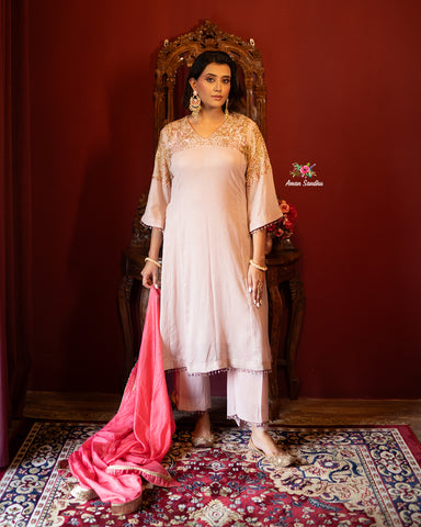Rose Gold Full Suit With Neon Pink Dupatta-1795