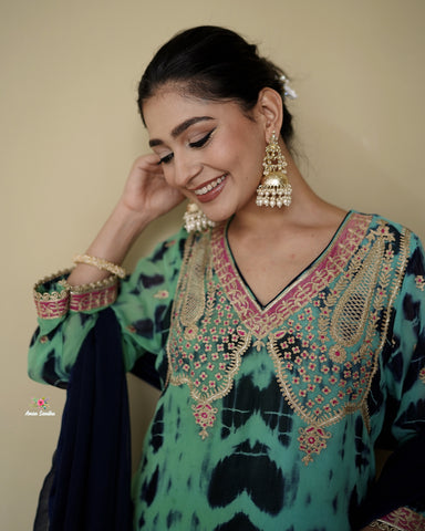 Blue Tie Dye Full Suit With Single Dupatta-1794