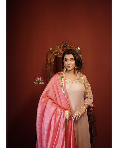Rose Gold Full Suit With Neon Pink Dupatta-1795