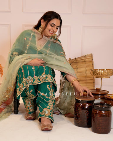 Bottle Green Full Suit With Sea Green Dupatta-1796
