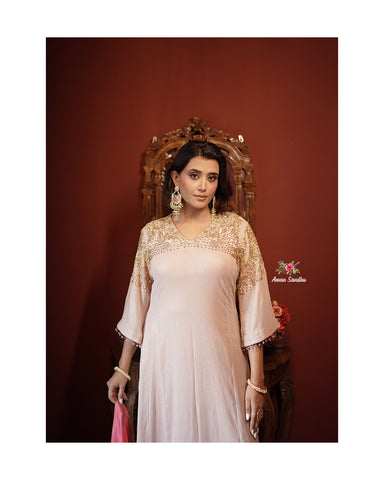 Rose Gold Full Suit With Neon Pink Dupatta-1795