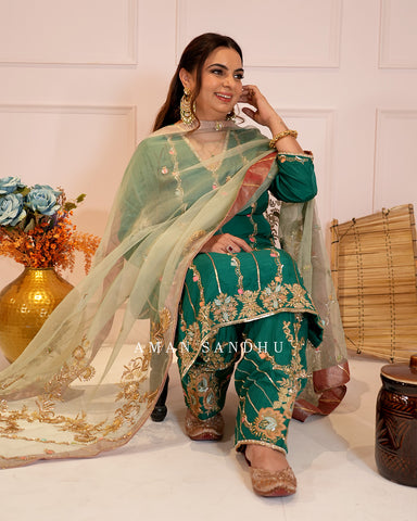 Bottle Green Full Suit With Sea Green Dupatta-1796