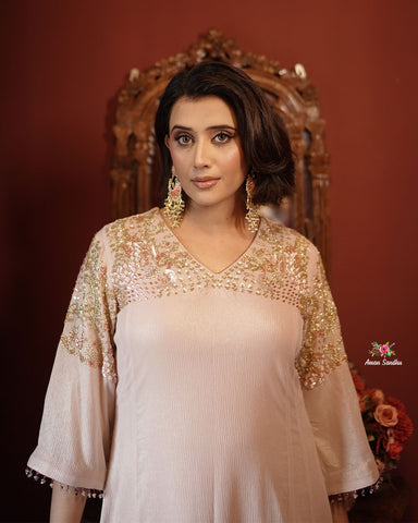 Rose Gold Full Suit With Neon Pink Dupatta-1795