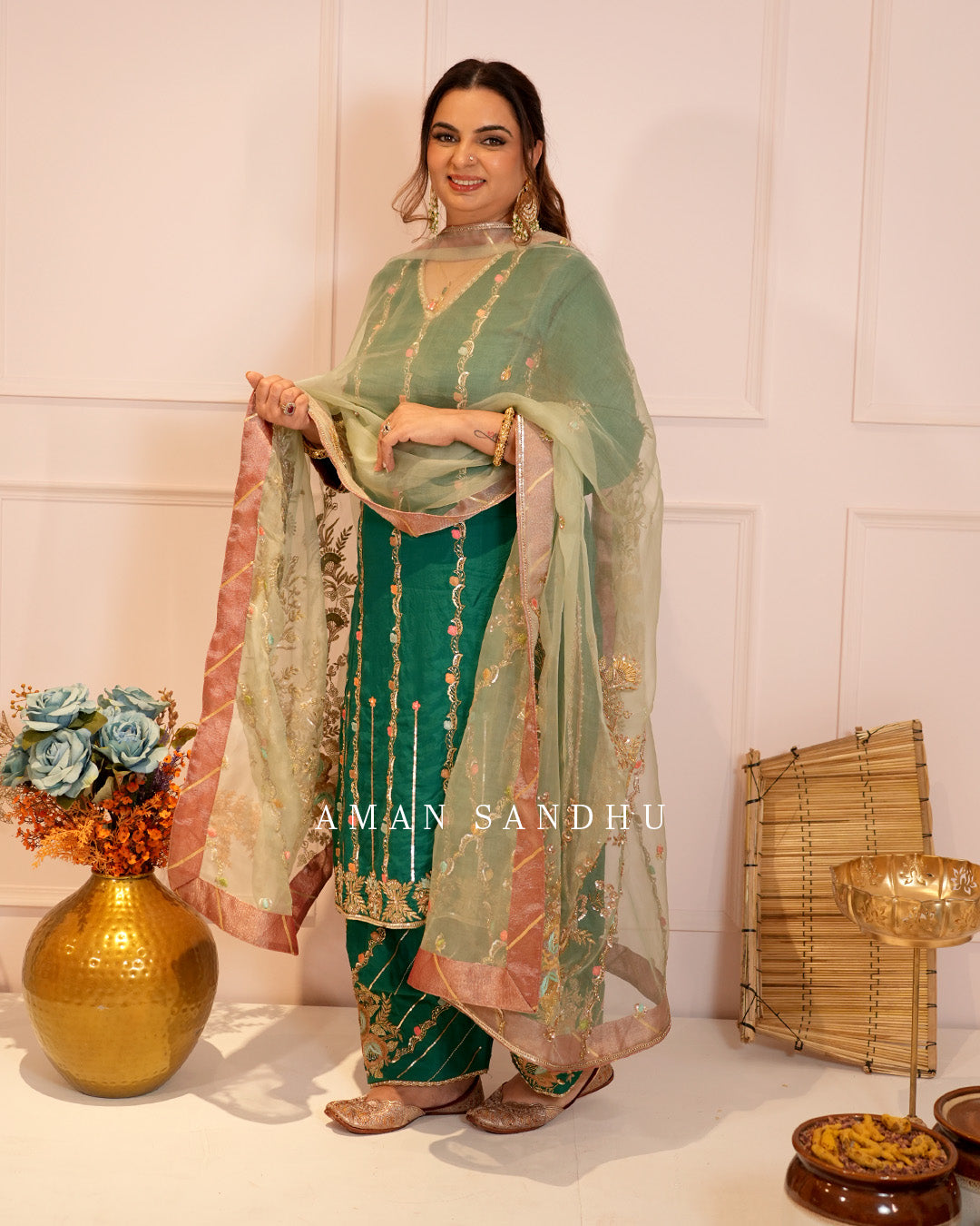 Bottle Green Full Suit With Sea Green Dupatta-1796