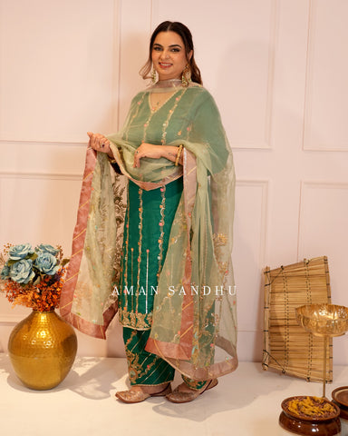 Bottle Green Full Suit With Sea Green Dupatta-1796