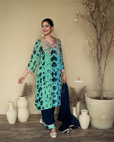 Blue Tie Dye Full Suit With Single Dupatta-1794