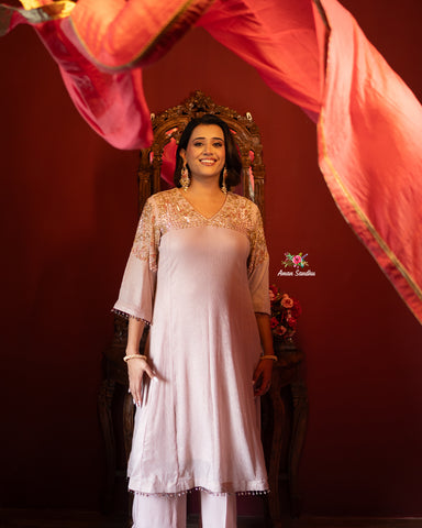 Rose Gold Full Suit With Neon Pink Dupatta-1795