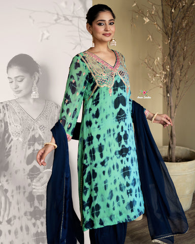 Blue Tie Dye Full Suit With Single Dupatta-1794