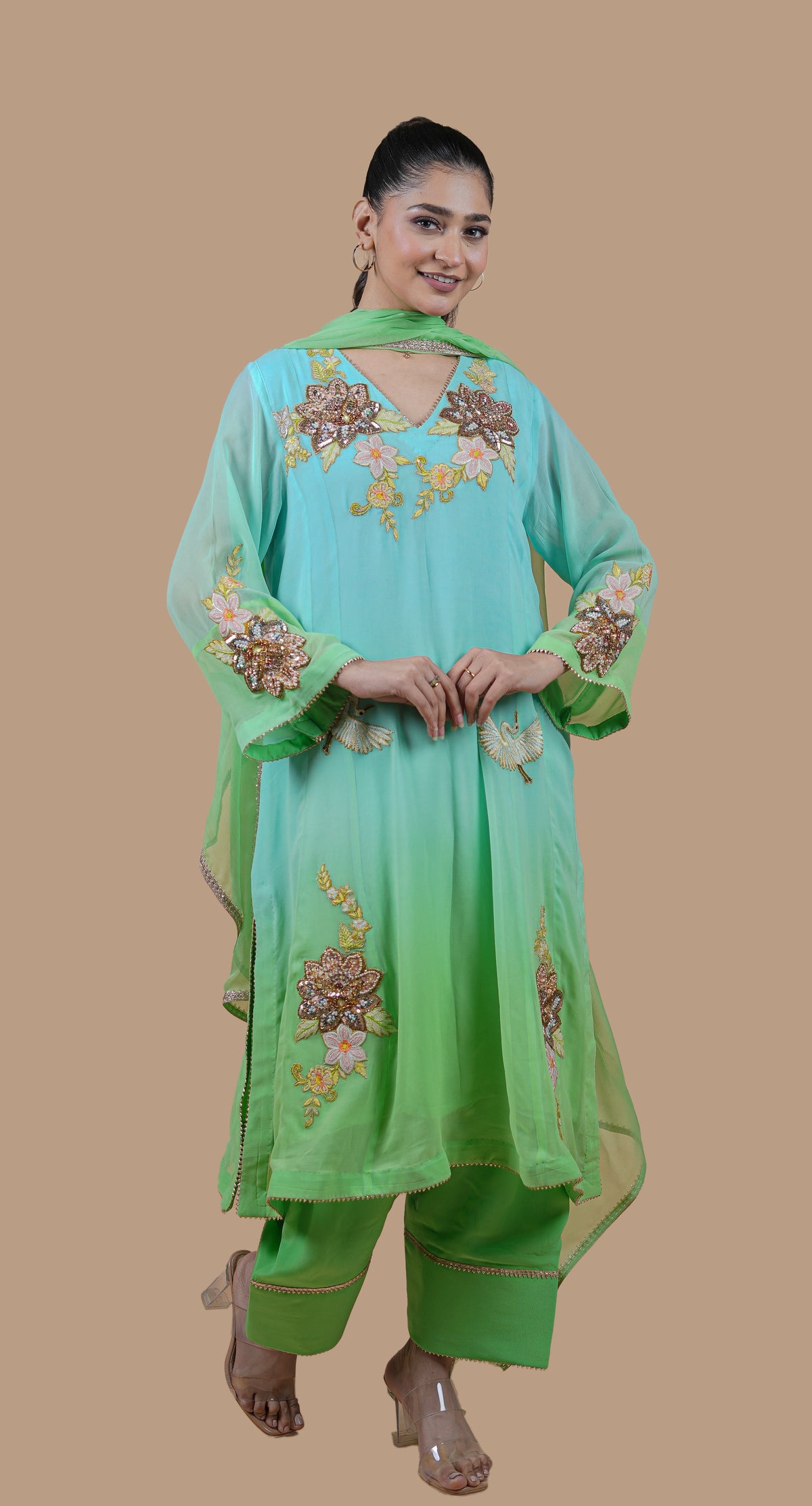 Double Dye Frock Suit With Green Dupatta-1774