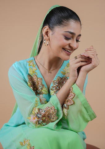 Double Dye Frock Suit With Green Dupatta-1774