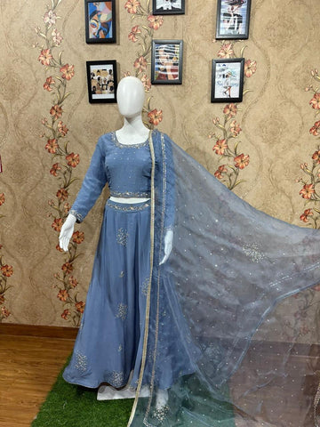 Greay Lehenga Choli With Organza Dupatta-1543