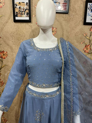 Greay Lehenga Choli With Organza Dupatta-1543