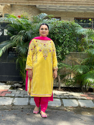 Yellow and Magenta Full Suit With Magenta Dupatta-1582