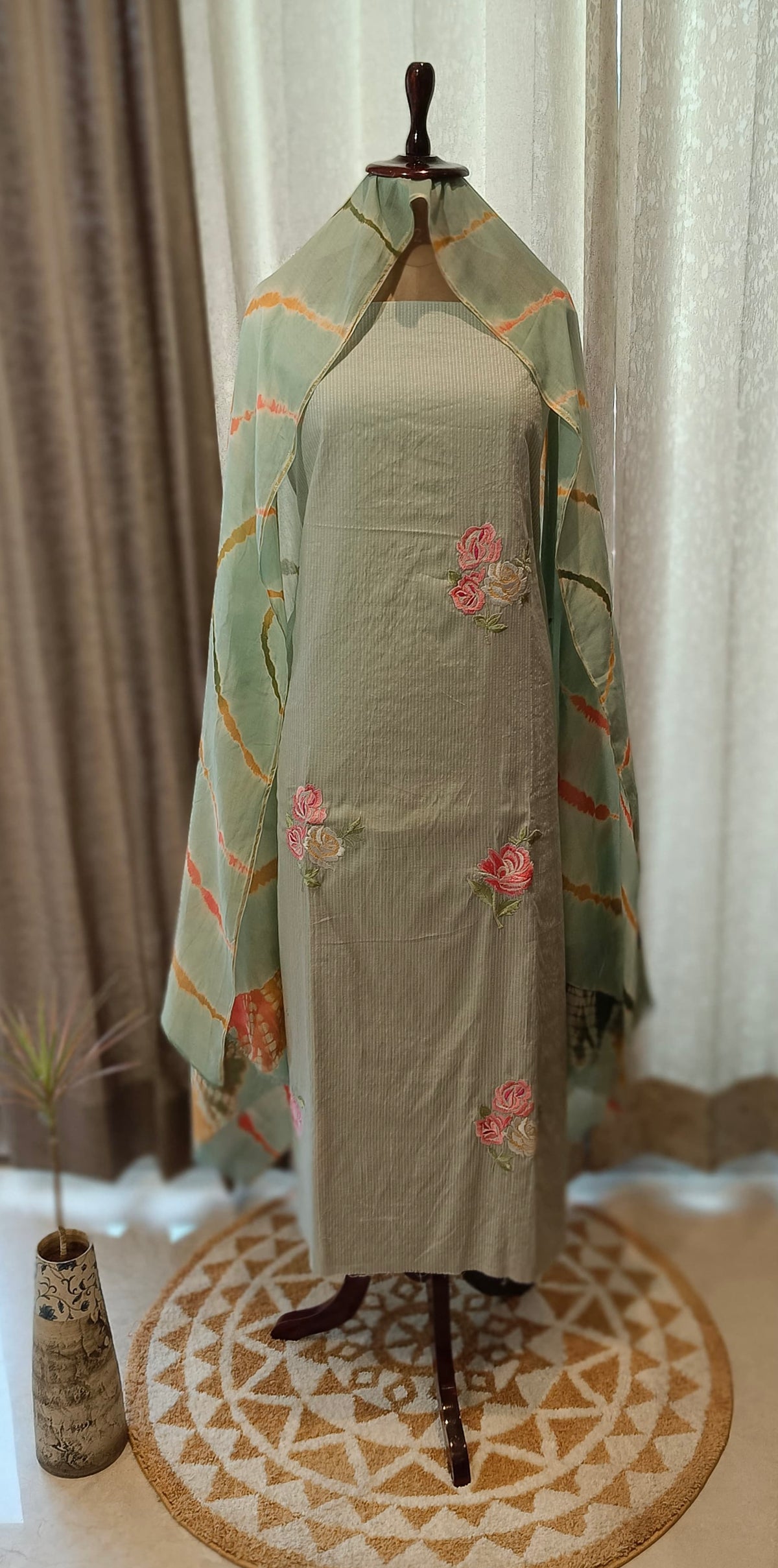 Sea Green Full Suit With Tie Dye Dupatta-1789