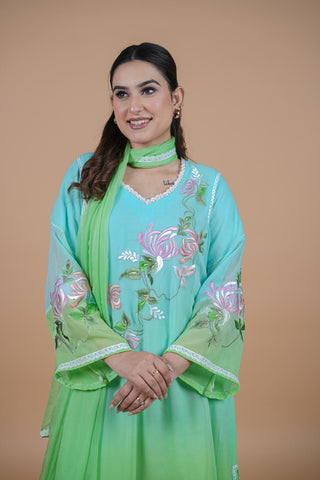Double Dye Frock Suit With Green Dupatta-1776