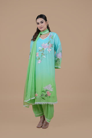 Double Dye Frock Suit With Green Dupatta-1776