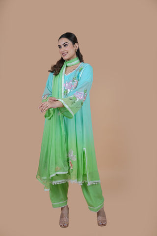 Double Dye Frock Suit With Green Dupatta-1776