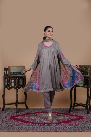 Purple Gray Full Suit With Tabbi Silk Tie Dye Dupatta-1779
