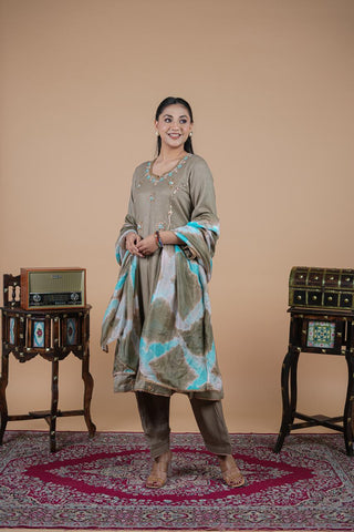 Green Gray Full Suit With Tabbi Silk Tie Dye Dupatta-1778