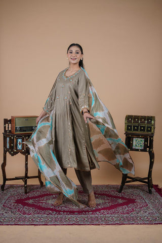 Green Gray Full Suit With Tabbi Silk Tie Dye Dupatta-1778