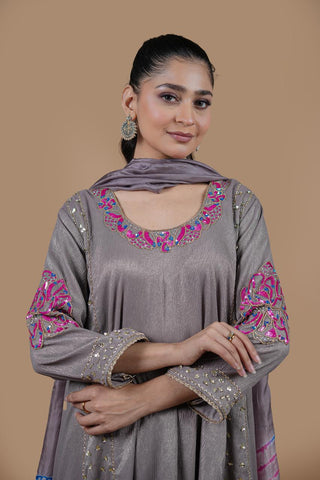 Purple Gray Full Suit With Tabbi Silk Tie Dye Dupatta-1779
