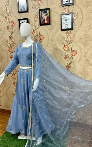 Greay Lehenga Choli With Organza Dupatta-1543