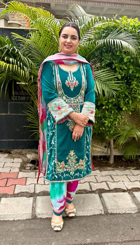 Peacock Green Full Suit With Tie Dye Dupatta-1601