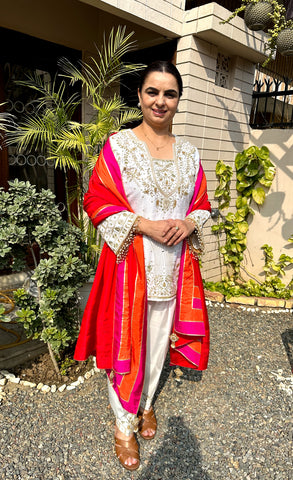White Full Suit With Red Silk Designer Dupatta-1607