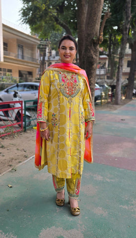 Yellow Full Suit With Tabbi Silk Tie Dye Dupatta-1745