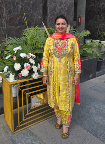 Yellow Full Suit With Tabbi Silk Tie Dye Dupatta-1745
