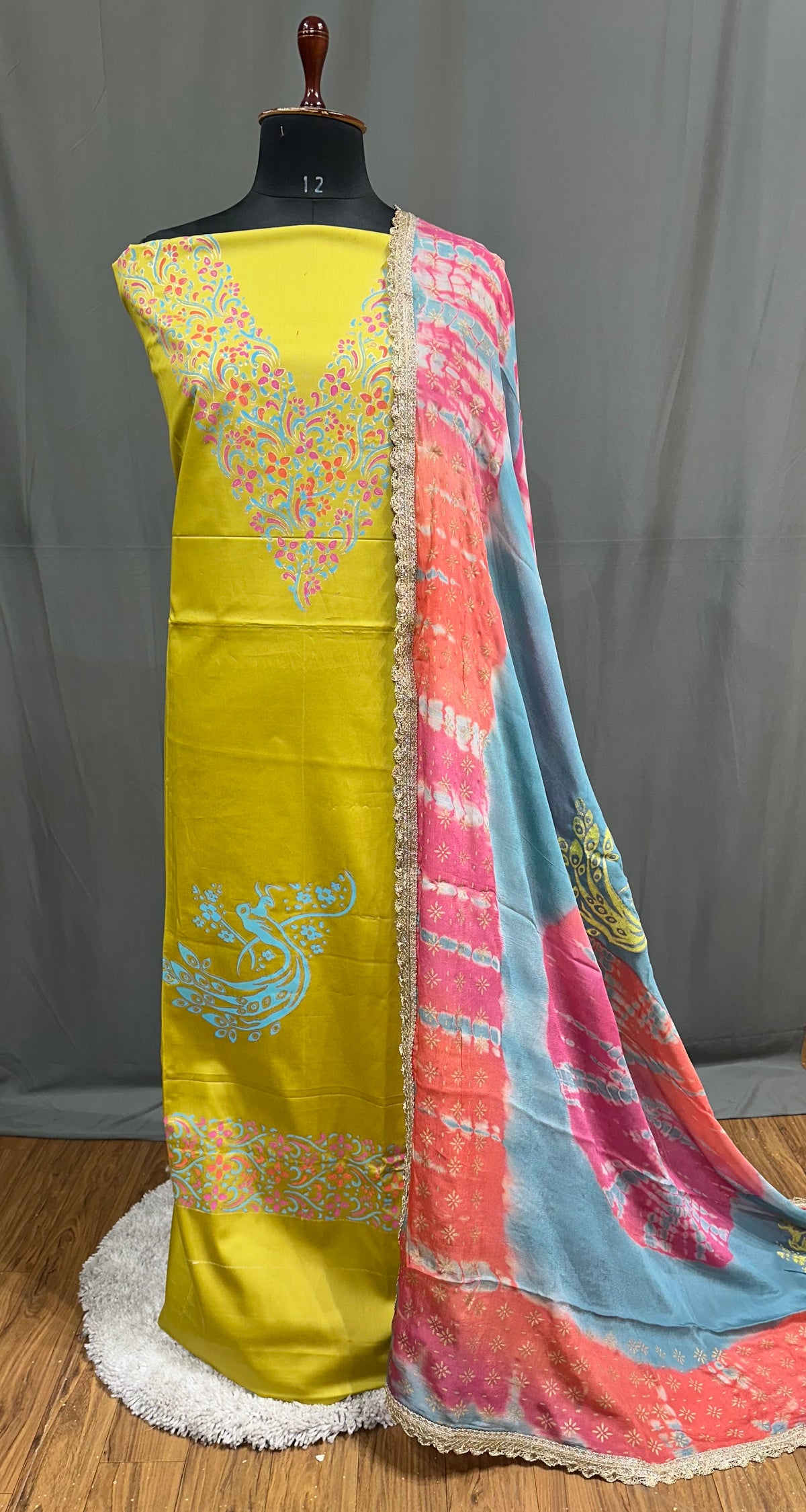 Mustard Green Full Suit With Tie Dye Dupatta-1767