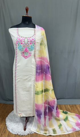 Cream Full Suit With Masleen Tie Dye Dupatta-1771