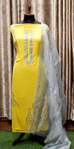 Yellow Full Suit With Greay Organza Dupatta-1486