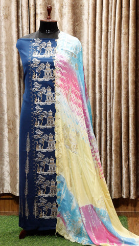 Peacock Blue Full Suit With Tabbi Silk Tie Dye Dupatta-1490