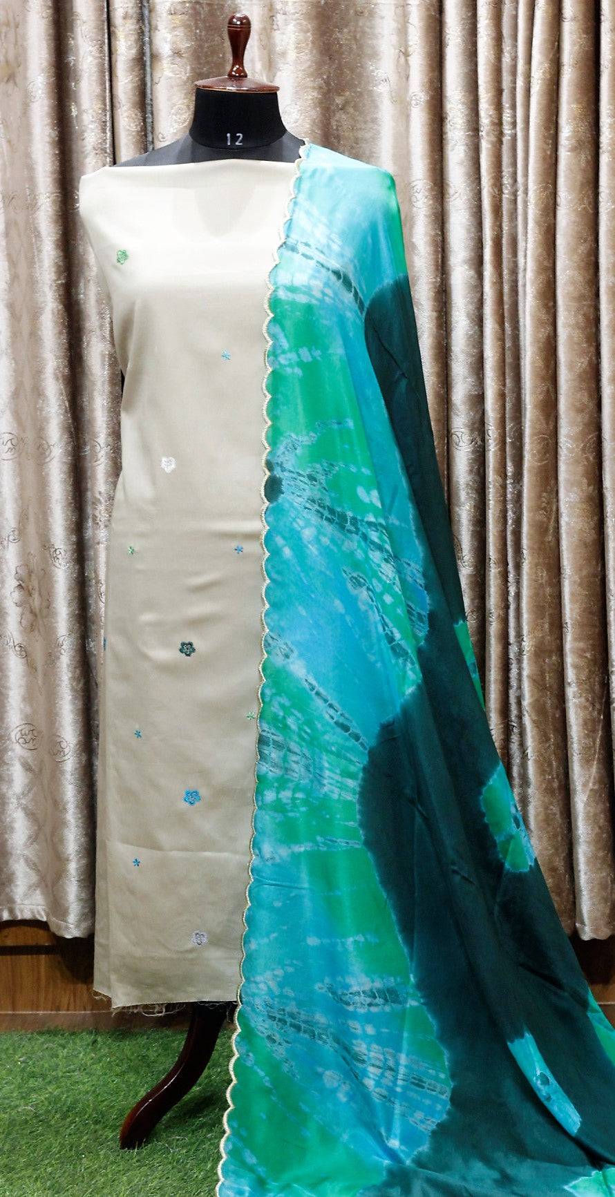 Beige Green Full Suit With Tabbi Silk Tie Dye Dupatta-1497