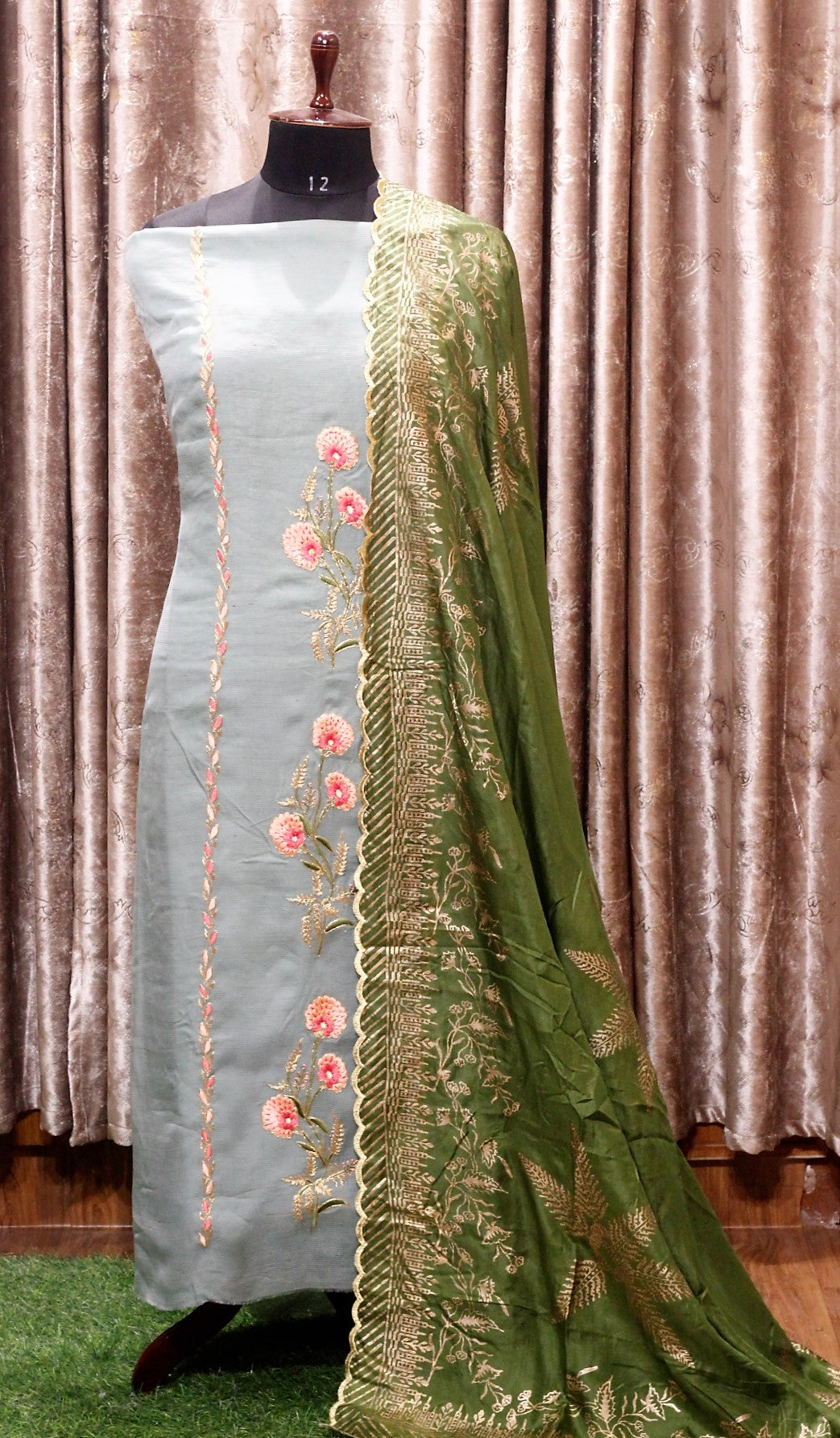 Greenish Greay Full Suit With Mehndi Green Dupatta-1538